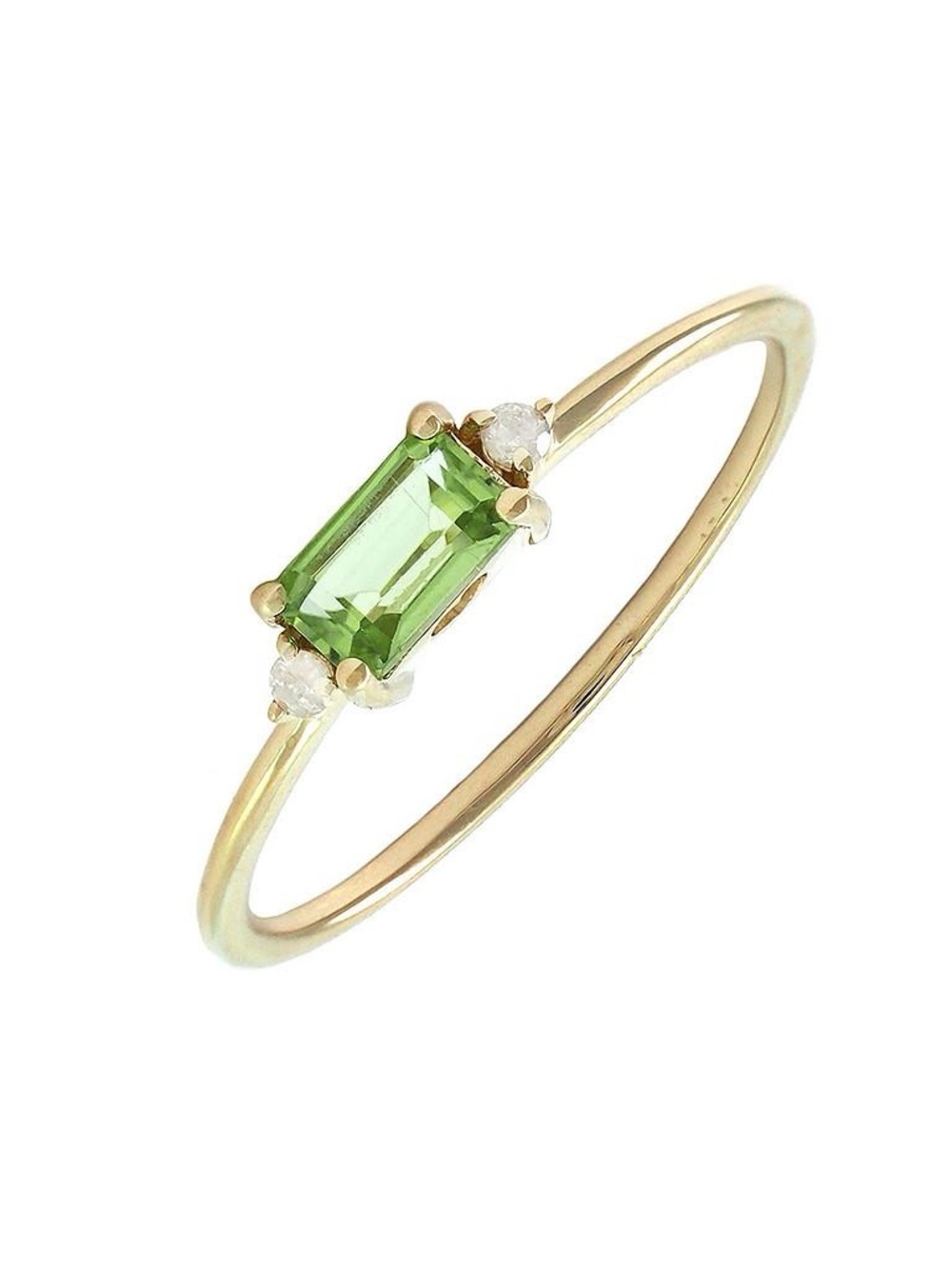14K Real Solid Yellow Gold Emerald Cut Natural Peridot & Diamond Ring Size 6.5